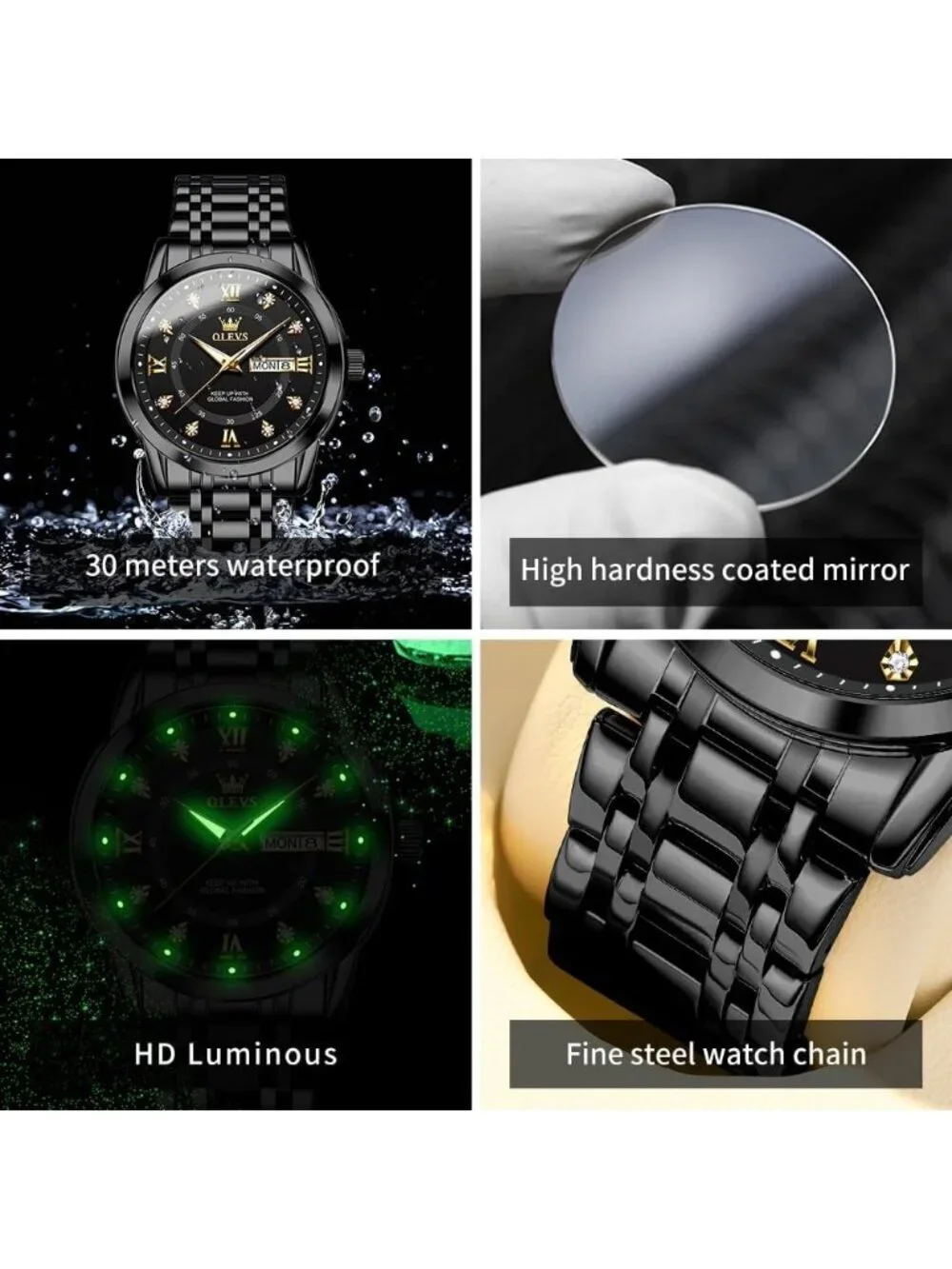 Olevs Mens Black Dial Diamond Wrist Quartz Stainless Steel Luminous Luxury Watch